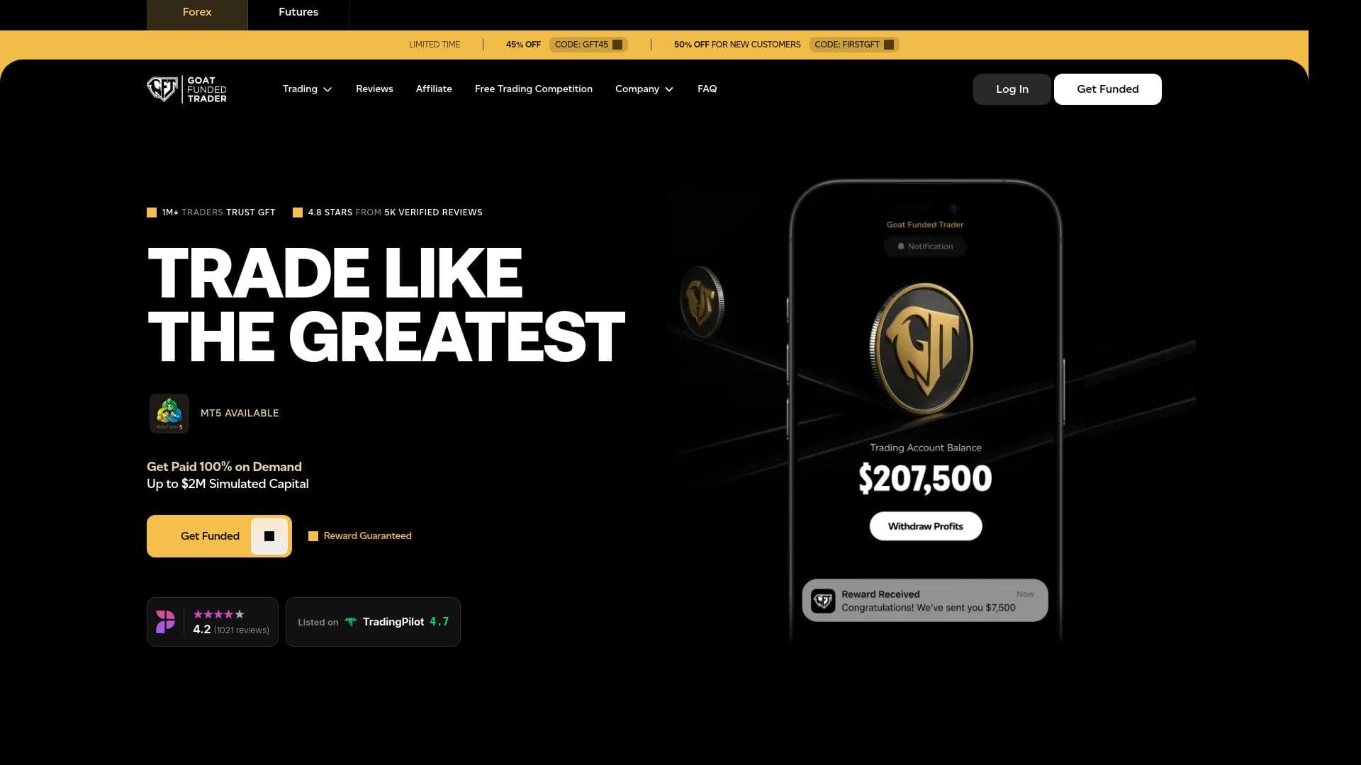 Goat Funded Trader website homepage