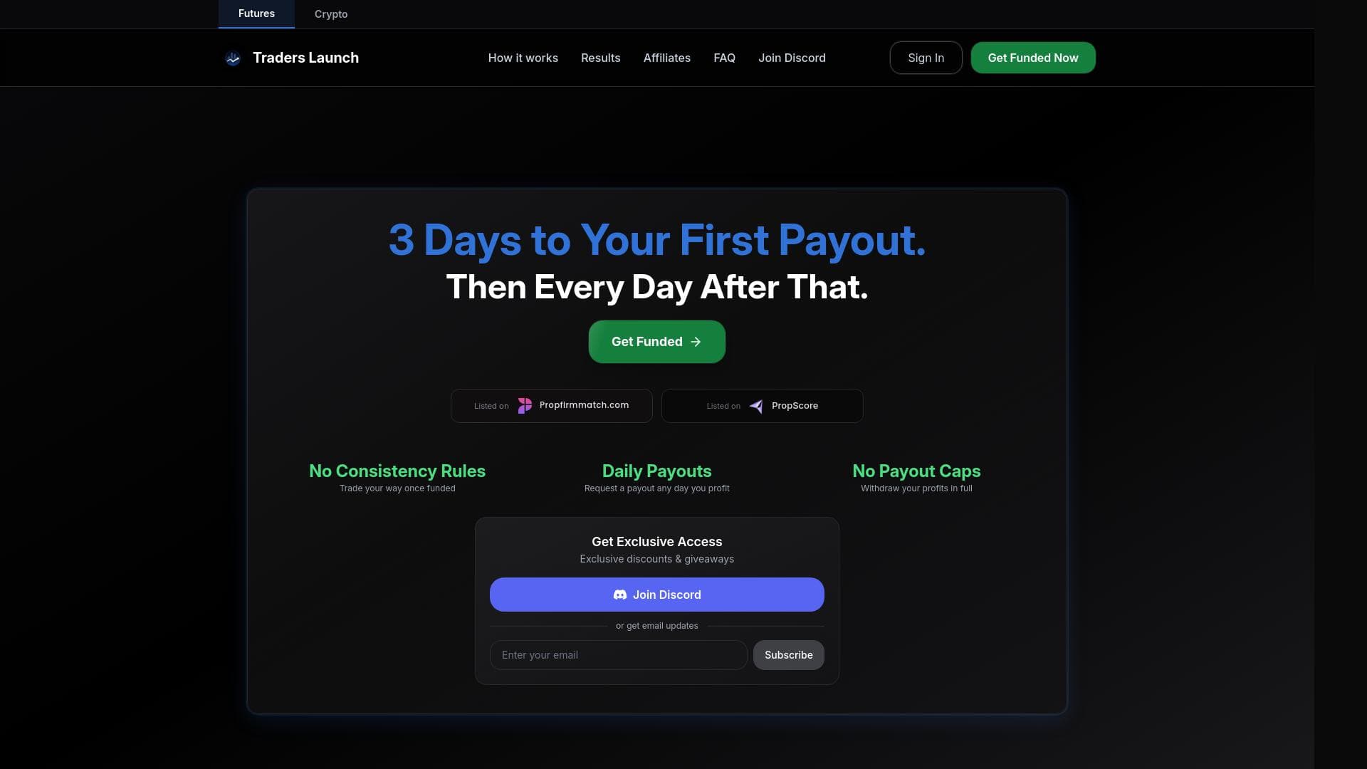 Traders Launch website homepage